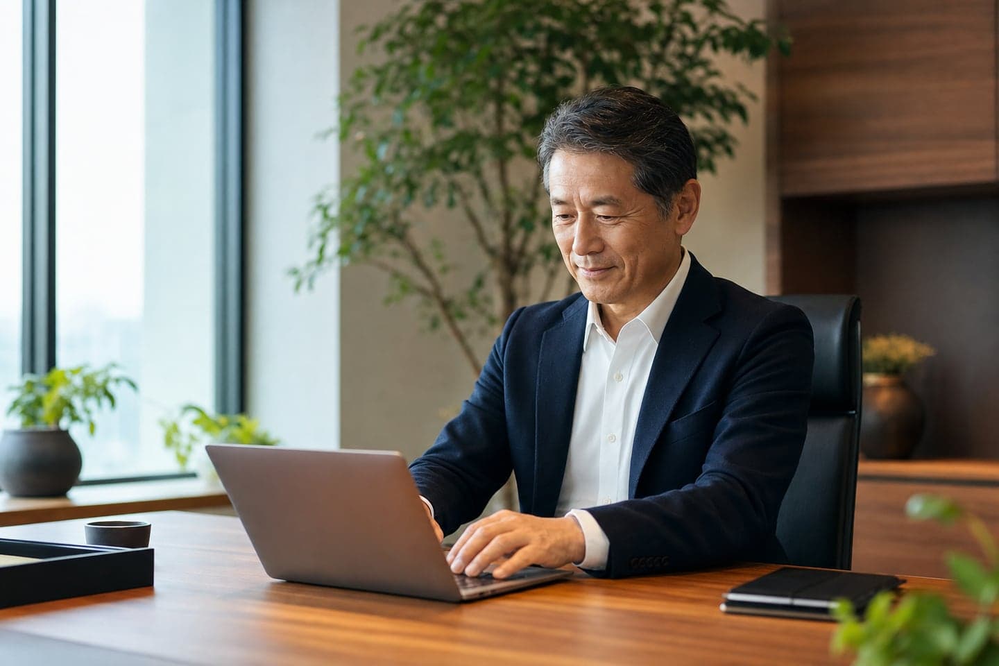 明るい書斎で自らPCに向かい作業する経営者