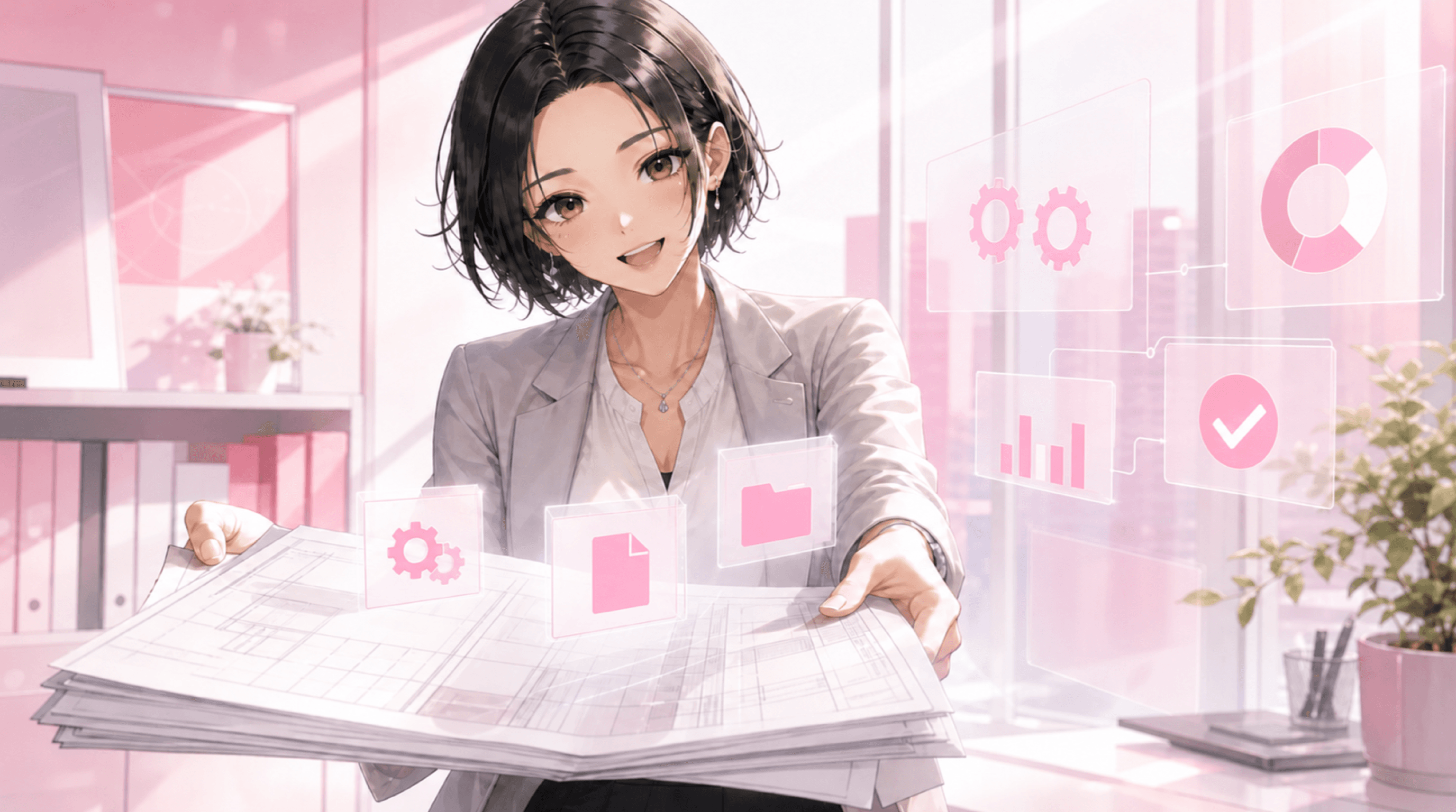 運用ドキュメントの束を手渡すAI社員Ryoko