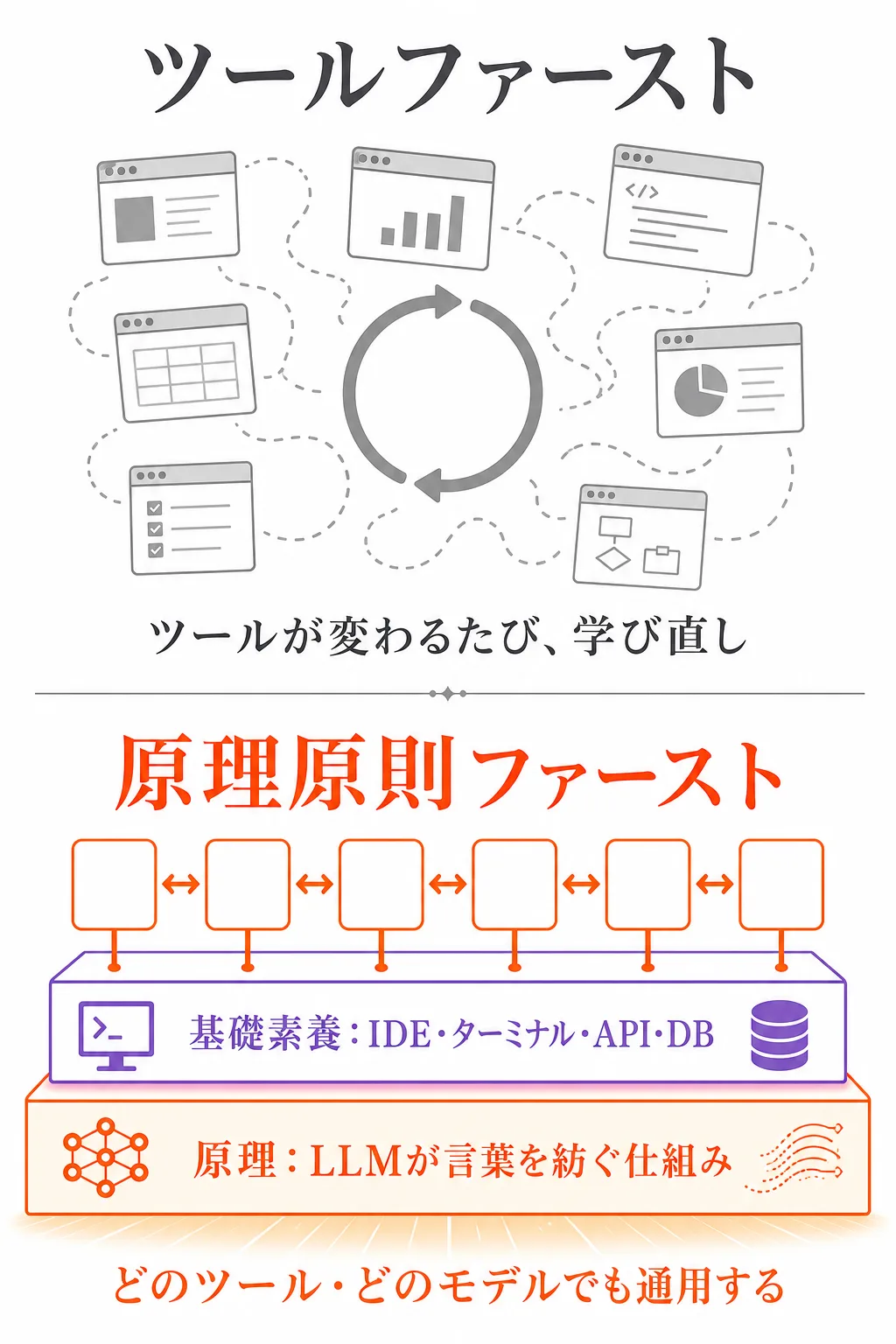 対比図: 上はツールファースト——ツールが変わるたびに学び直し。下は原理原則ファースト——原理(LLMが言葉を紡ぐ仕組み)と基礎素養(IDE・ターミナル・API・DB)の土台の上で、ツールは交換可能。どのツール・どのモデルでも通用する